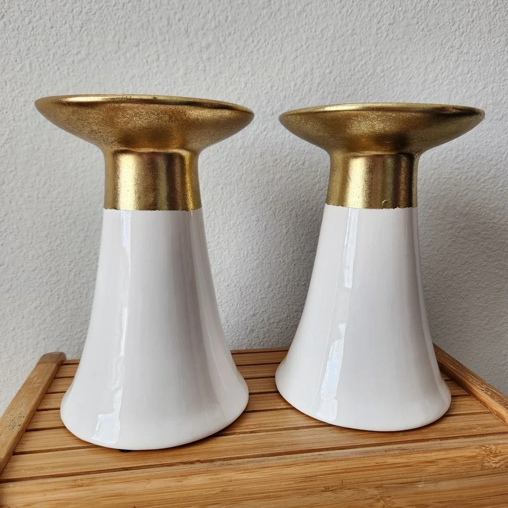 Christmas 2016‎ Hobby Lobby Gold White Pedestal Pillar Candle Holders Set Of 2